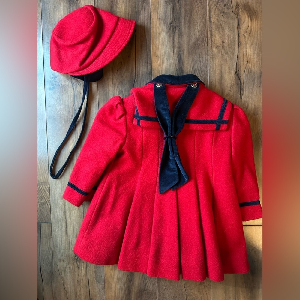 Vintage Rothschild Red Wool Coat & Hat Set Black Trim Retro Holiday - Picture 5 of 9
